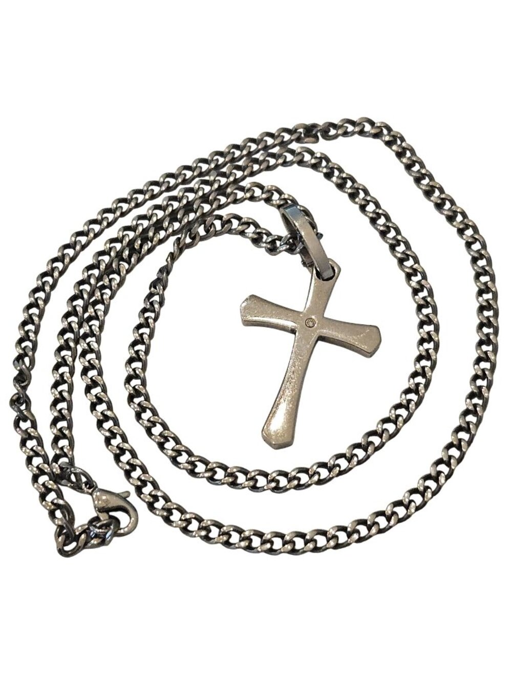 Mens Stainless Steel White Gold Diamond Inlay Christian Cross Necklace Pendant